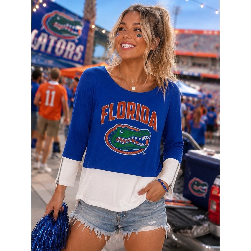 Gameday Couture Florida Gators Glitter Top Small Blue White Zip Sleeve NCAA